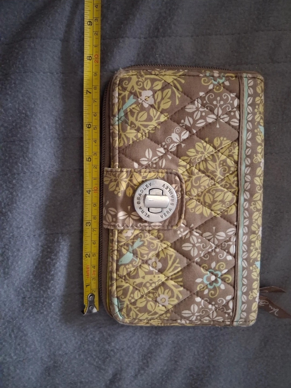 Vera Bradley brown quilted wallet with retired sitting in a tree pattern